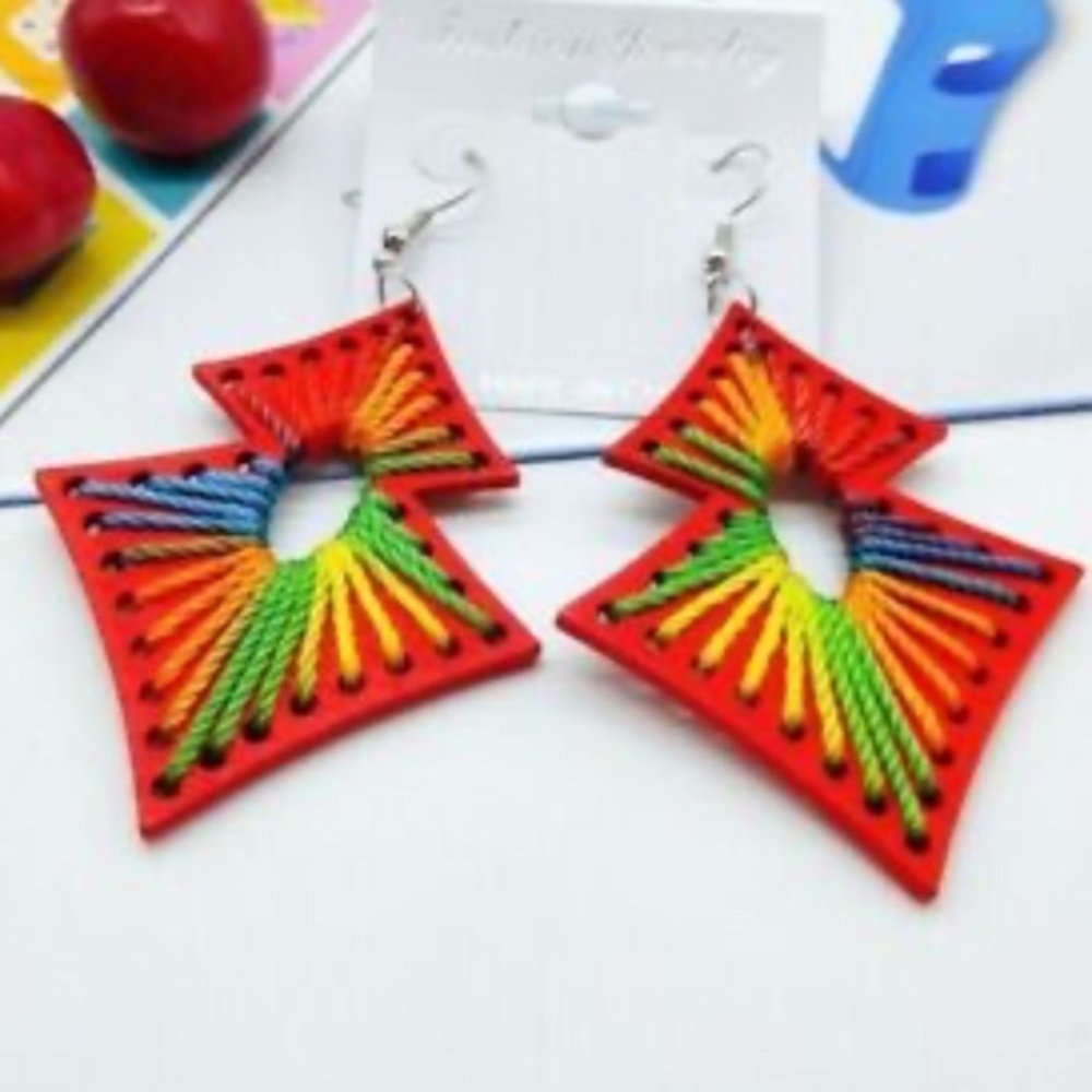 Womens Wood Earrings Red Lightweight Dangle Fabric Design